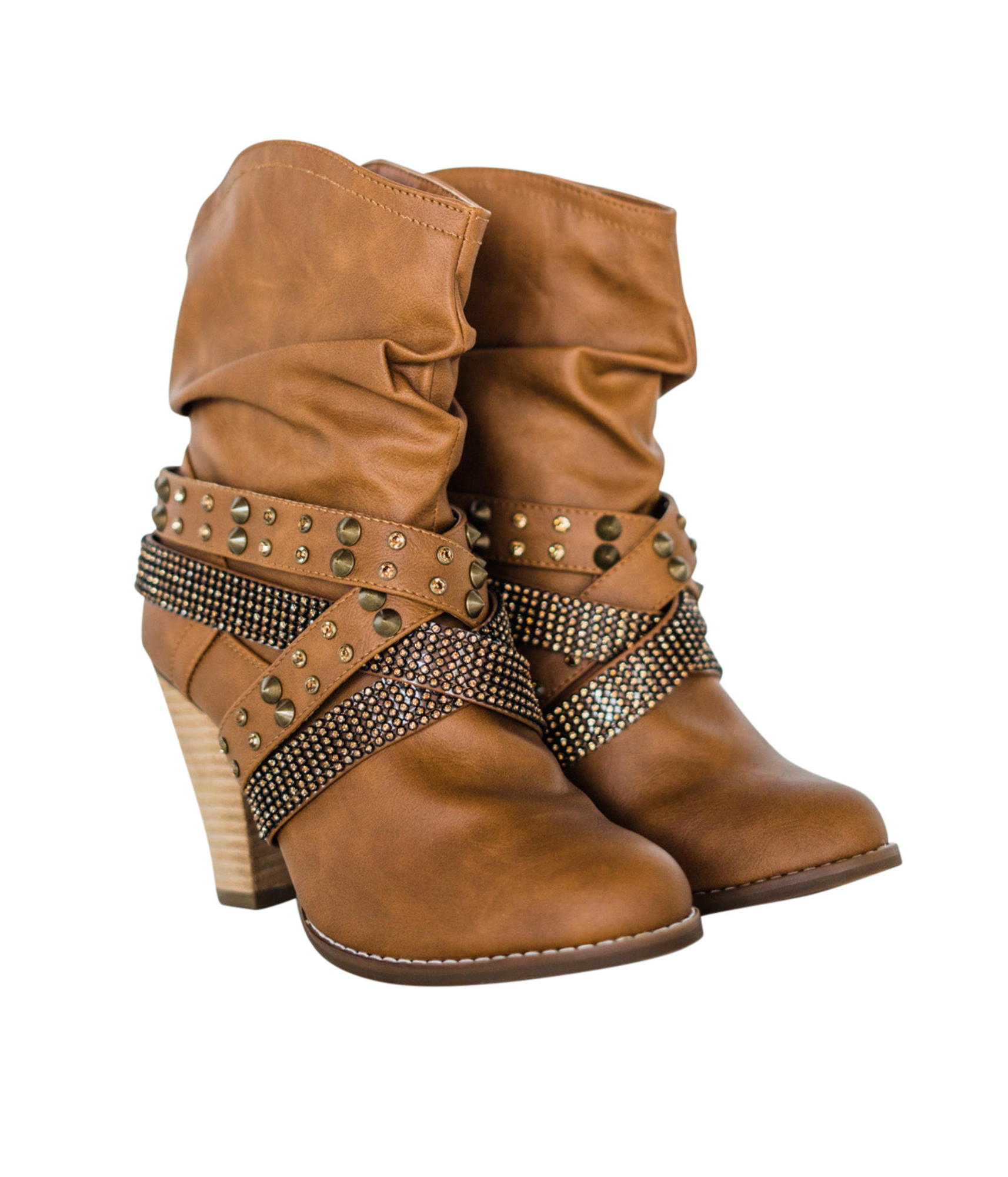 Short Change Booties Tan Faux Leather 8 Inch Shaft Heel Naughty Monkey